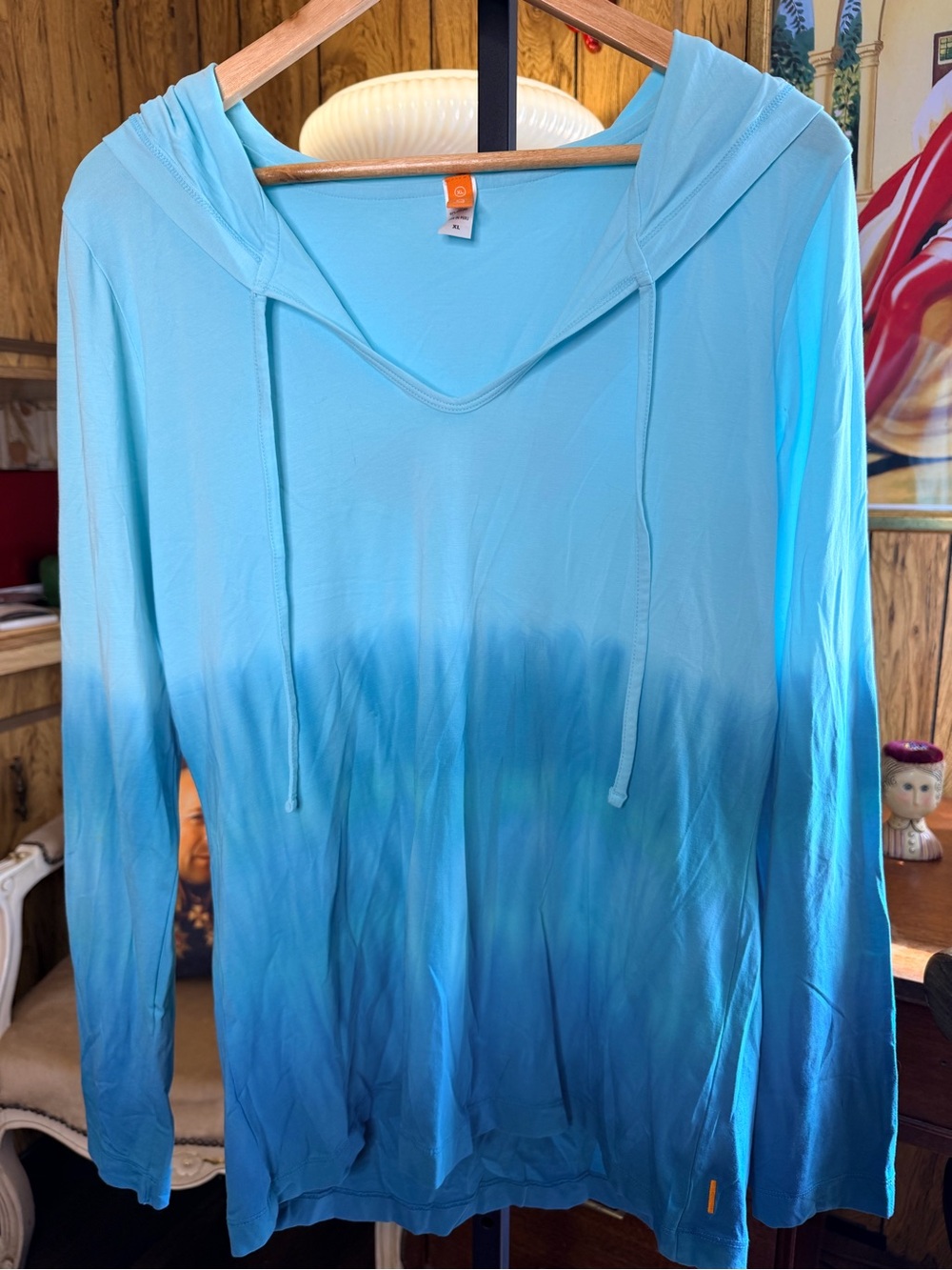 Lucy Ombre Aqua to Teal Tie Dye Pima Cotton Blend Lightweight Hooded Pullover